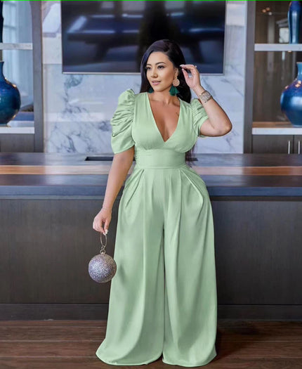 Light green puff sleeve V-neck wide-leg jumpsuit with gathered waist