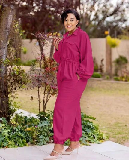Rose-red collared zip-front jumpsuit with long sleeves, gathered waist, jogger cuffs.