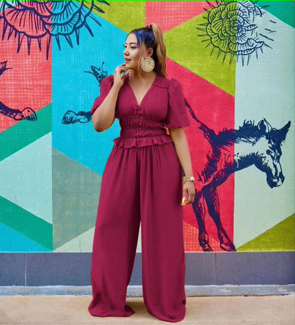 V-neck puff-sleeve stretch waist jumpsuit in maroon, elastic waist, wide legs