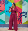 V-neck puff-sleeve stretch waist jumpsuit in maroon, elastic waist, wide legs