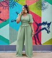 V-neck puff-sleeve stretch waist jumpsuit in green, elastic waist, wide legs