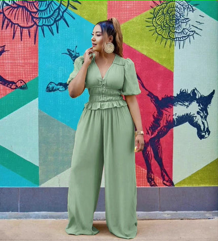 V-neck puff-sleeve stretch waist jumpsuit in green, elastic waist, wide legs