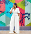 V-neck puff-sleeve stretch waist jumpsuit in white, elastic waist, wide legs
