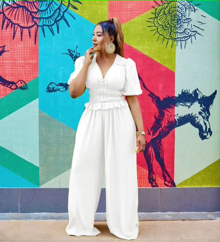 V-neck puff-sleeve stretch waist jumpsuit in white, elastic waist, wide legs