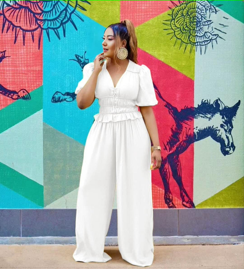 V-neck puff-sleeve stretch waist jumpsuit in white, elastic waist, wide legs