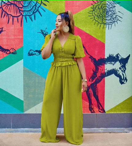 V-neck puff-sleeve stretch waist jumpsuit in yellow-green, elastic waist, wide legs