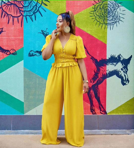 V-neck puff-sleeve stretch waist jumpsuit in bright yellow, elastic waist, wide legs