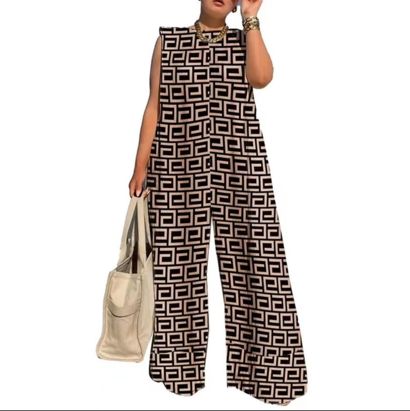 Sleeveless High Neckline Wide-Leg Jumpsuit with Geometric Pattern Design