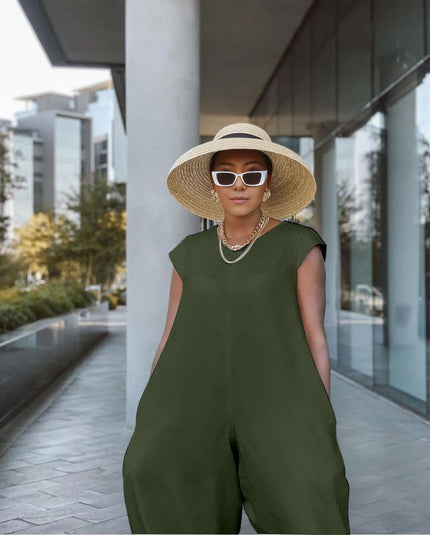Olive-green wide-leg crew-neck jumpsuit with short sleeves and relaxed legs