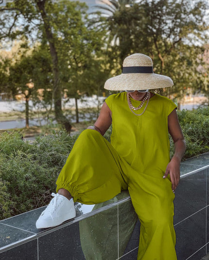 Green-yellow wide-leg crew-neck jumpsuit with short sleeves and relaxed fit