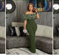 Off-shoulder lace jumpsuit in olive-green with lace ruffled neckline and straight legs