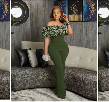 Off-shoulder lace jumpsuit in olive-green with lace ruffled neckline and straight legs