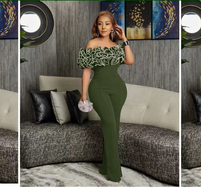 Off-shoulder lace jumpsuit in olive-green with lace ruffled neckline and straight legs