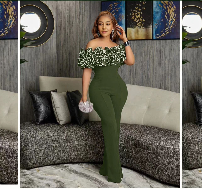 Off-shoulder lace jumpsuit in olive-green with lace ruffled neckline and straight legs