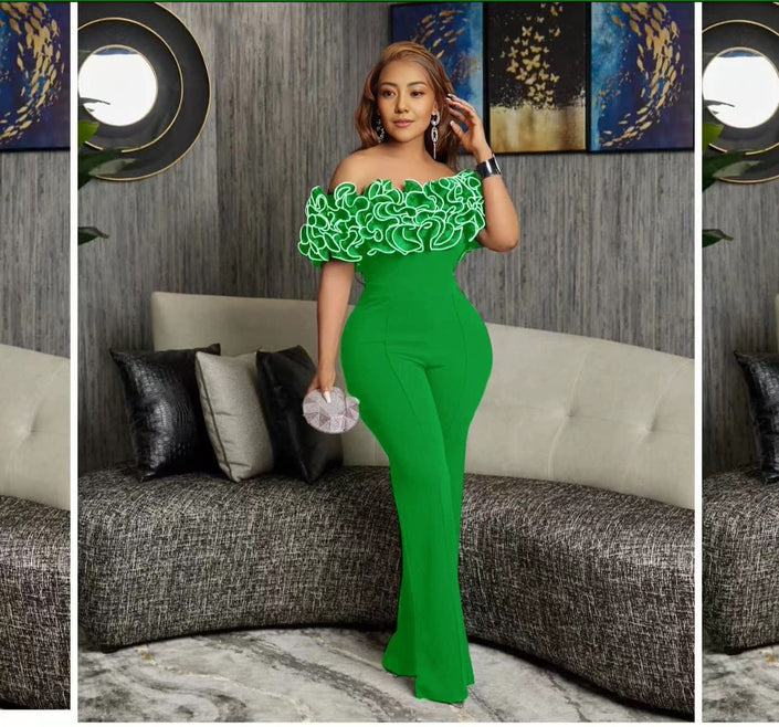 Off-shoulder lace jumpsuit in lime-green with lace off-shoulder ruffle and straight legs