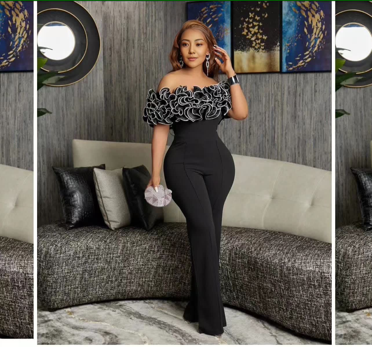 Off-shoulder lace jumpsuit in black with lace off-shoulder ruffle and straight legs