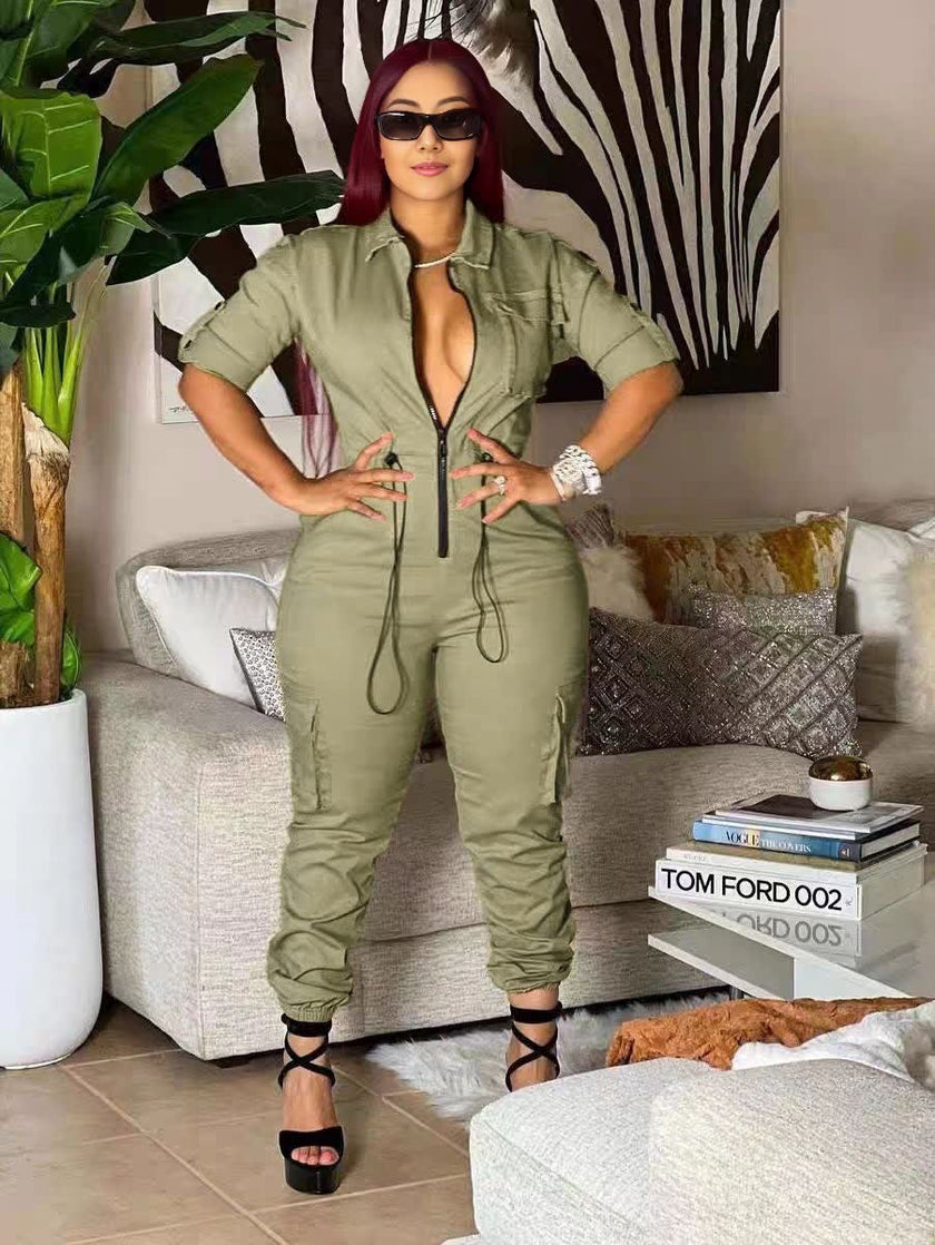 Zip-Front Long-Sleeve Cinched Waist Jumpsuit with Elastic Ankle Detail