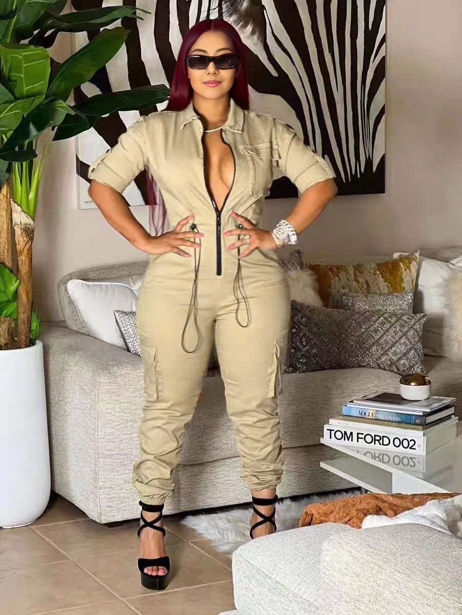 Jumpsuit Zip Front Long Sleeve Cinched Waist Elastic