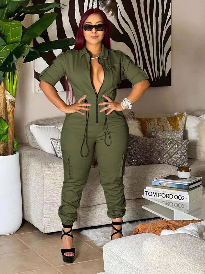 Jumpsuit Zip Front Long Sleeve Cinched Waist Elastic