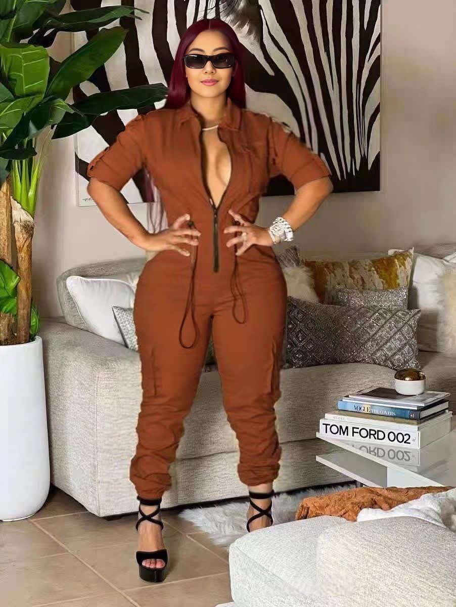 Jumpsuit Zip Front Long Sleeve Cinched Waist Elastic