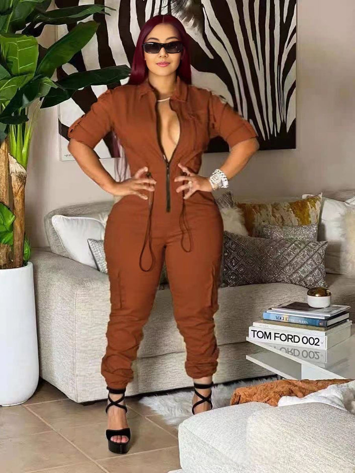 Jumpsuit Zip Front Long Sleeve Cinched Waist Elastic
