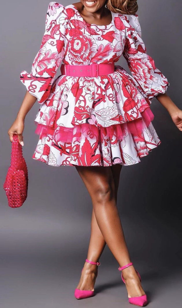 Floral mini dress with puff sleeves, layered ruffle skirt, pink belt and multicolor print