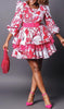 Floral mini dress with puff sleeves, layered ruffle skirt, pink belt and multicolor print
