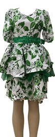 Floral mini dress with puff sleeves, layered ruffle skirt, green belt, white and green print