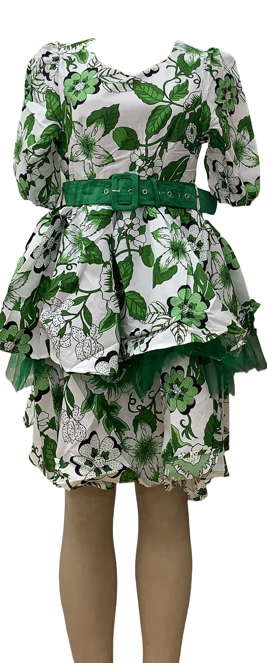 Floral mini dress with puff sleeves, layered ruffle skirt, green belt, white and green print