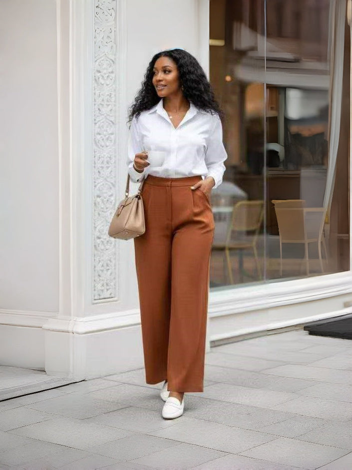 High-waist straight-leg button-detail pants, brown with front buttons