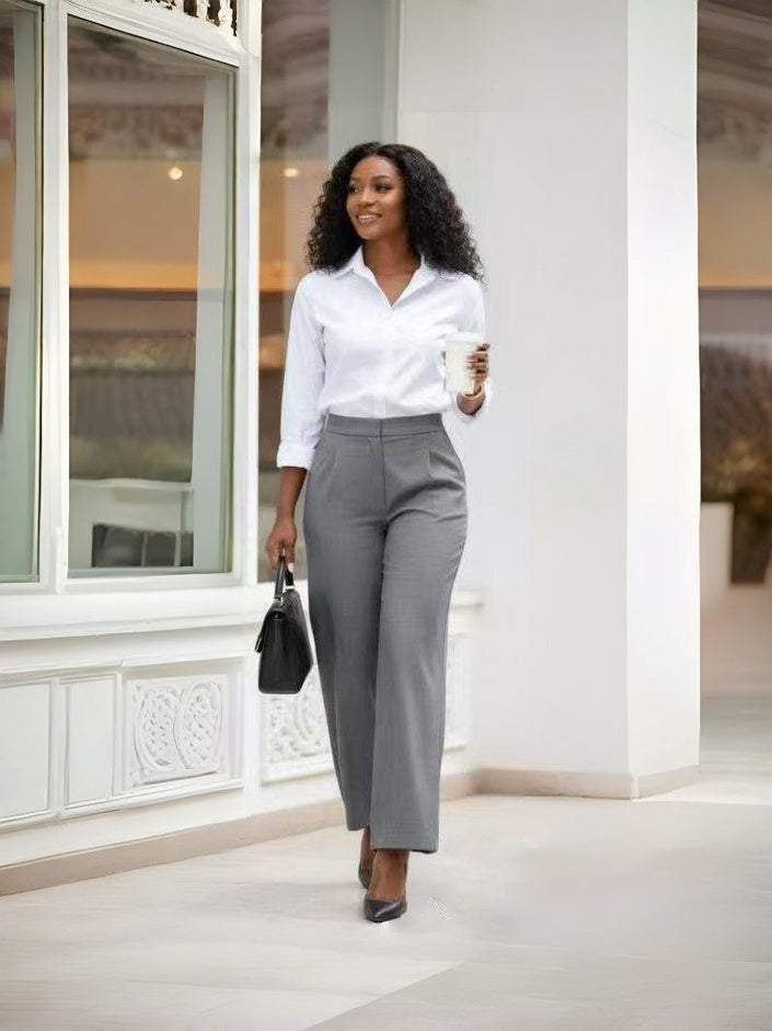 High-waist straight-leg button-detail pants, grey with front buttons