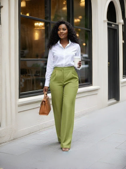 High-waist straight-leg button-detail pants, green with front buttons