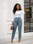 High-waist tailored blue pants, slim straight leg, ankle length