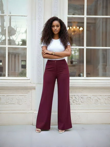 Maroon high-waist wide-leg tailored pants with front button closure