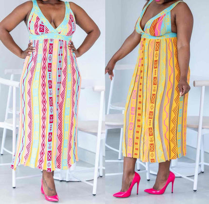 Geometric knit V-neck dress, sleeveless, yellow multicolor geometric print