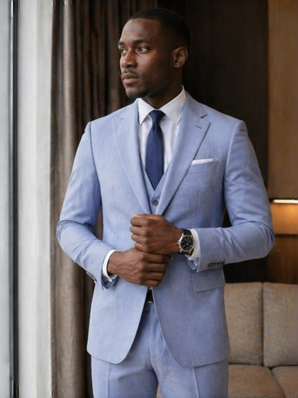 Light blue three-piece slim-fit suit with navy tie, vest, and matching trousers