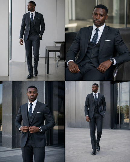 Dark grey slim-fit 3-piece suit with jacket, waistcoat, and matching trousers, standing pose