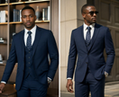 Navy slim-fit 3-piece suit with jacket, waistcoat, and patterned tie