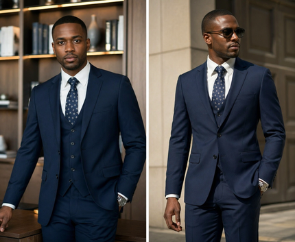 Navy slim-fit 3-piece suit with jacket, waistcoat, and patterned tie