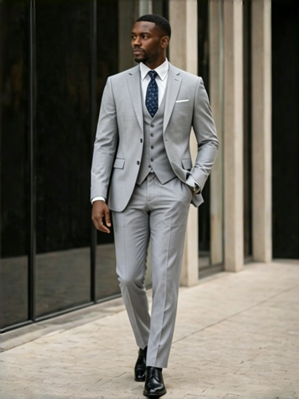Light grey slim-fit 3-piece suit: jacket, vest, trousers; white shirt, dark patterned tie