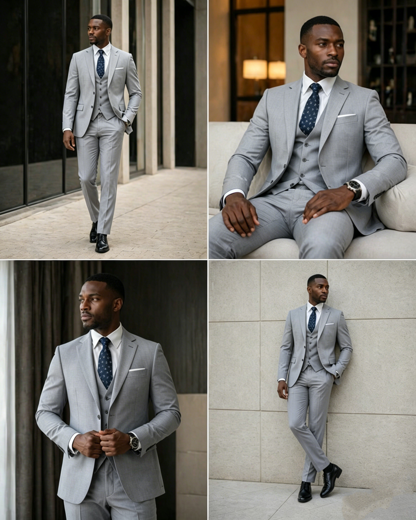 Light grey slim-fit suit set with jacket and vest, matching trousers; dark patterned tie