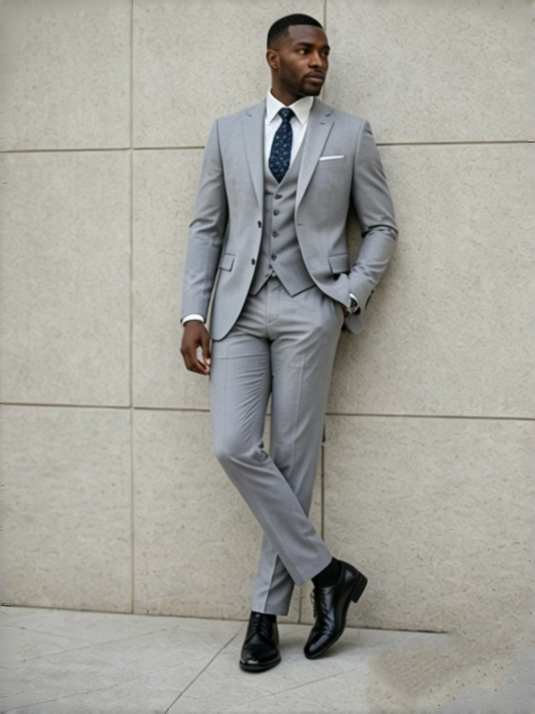 Light grey slim-fit 3-piece suit with blazer and vest; matching trousers, dark patterned tie