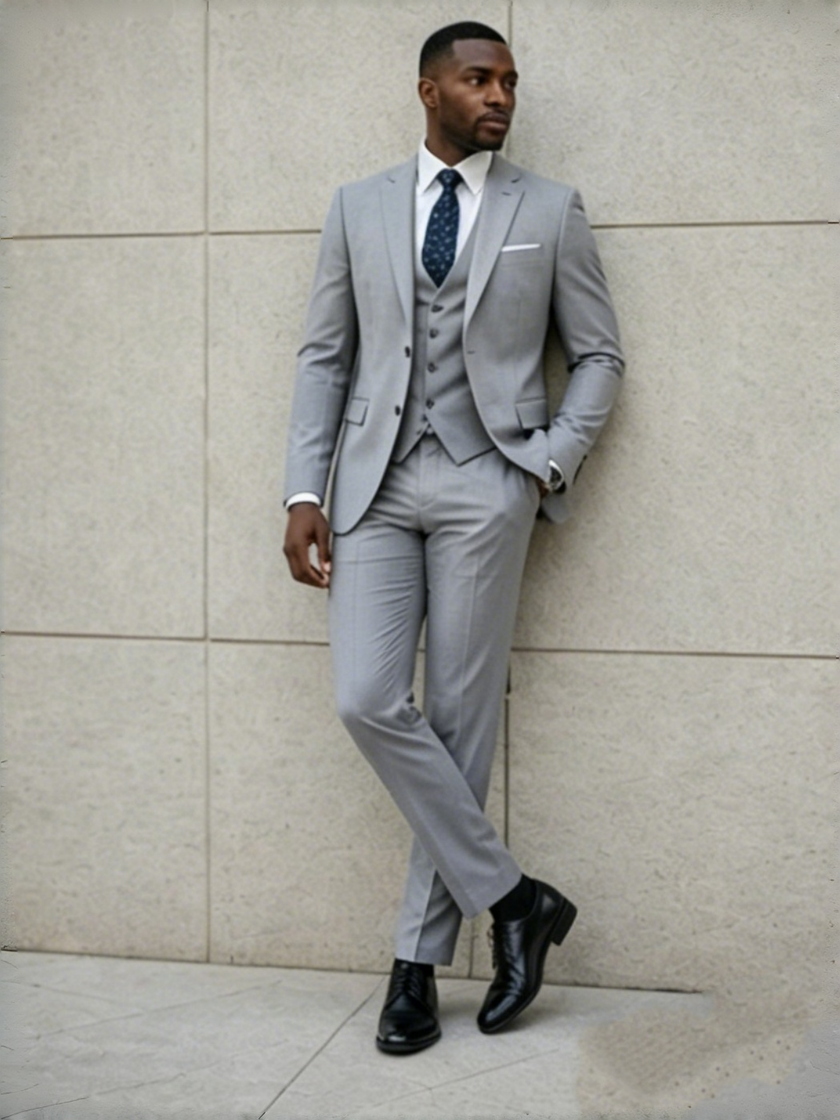 Light grey slim-fit 3-piece suit with blazer and vest; matching trousers, dark patterned tie