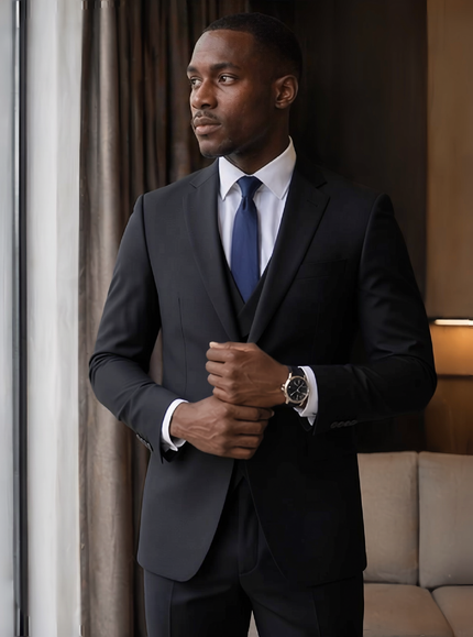 Men's black 3-piece formal suit with vest and tie, slim fit, buttoned jacket