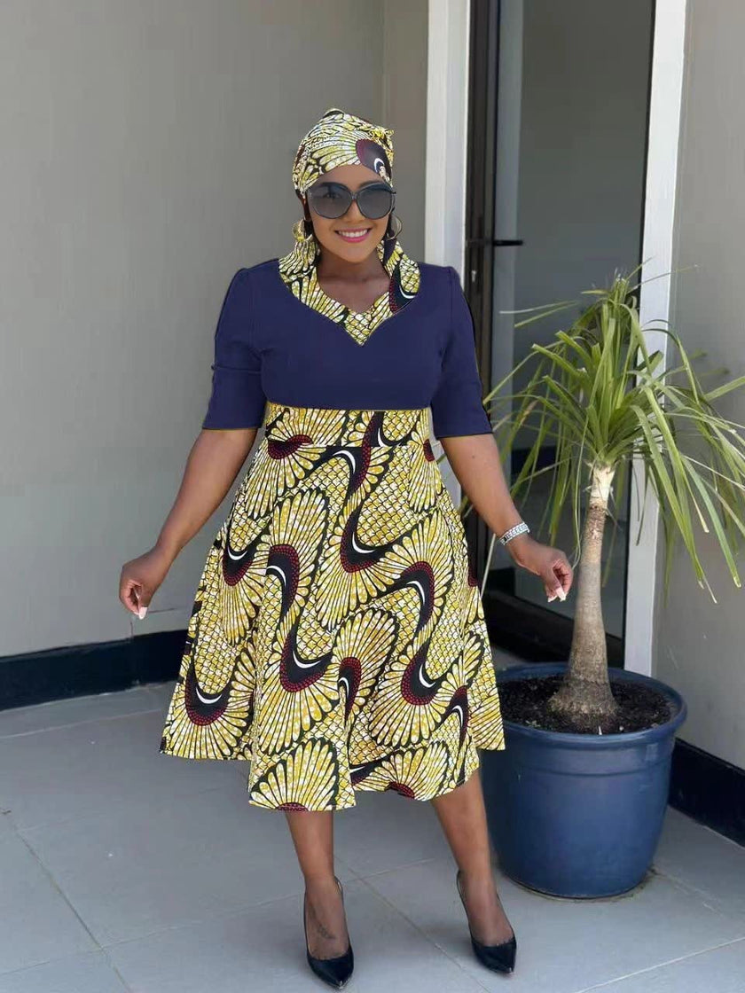 V-Neck Short Sleeve Fitted Mid-Length Dress with Printed Pleated Skirt