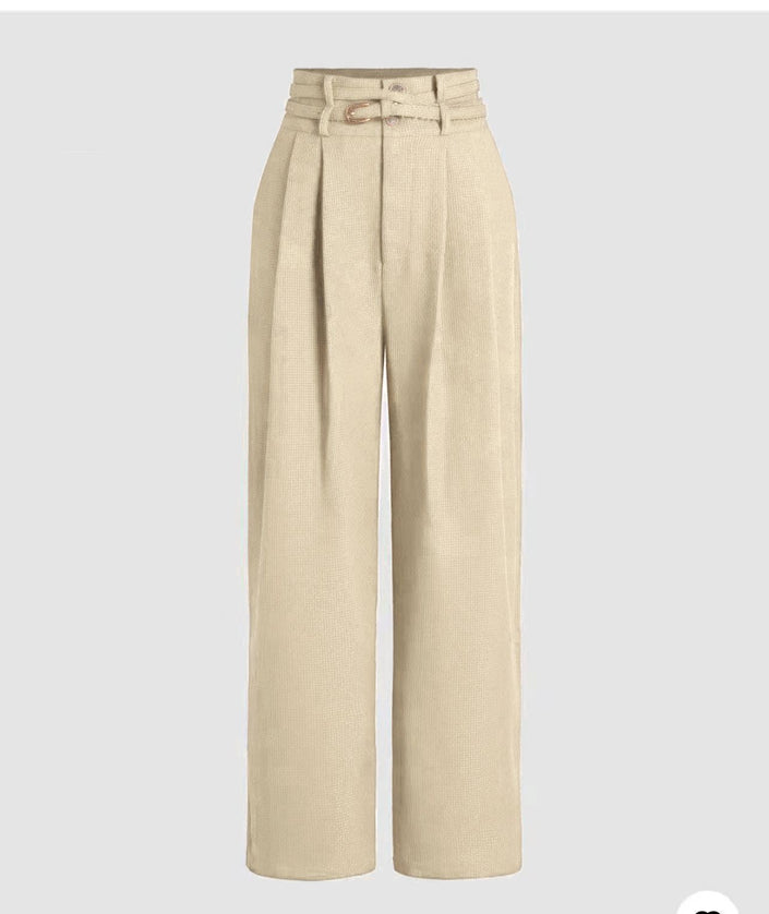 High-waist belted wide-leg pants in wheat-beige