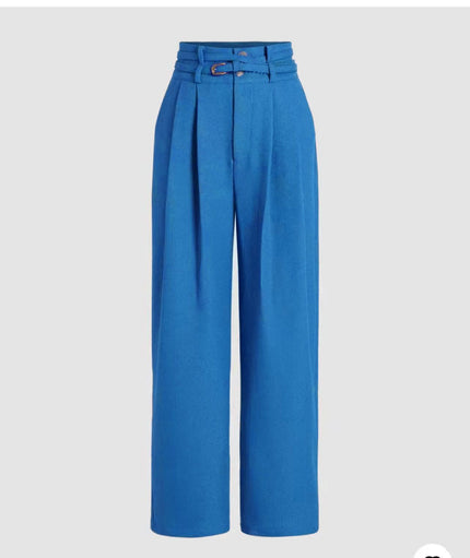 High-waist belted wide-leg pants in bright blue