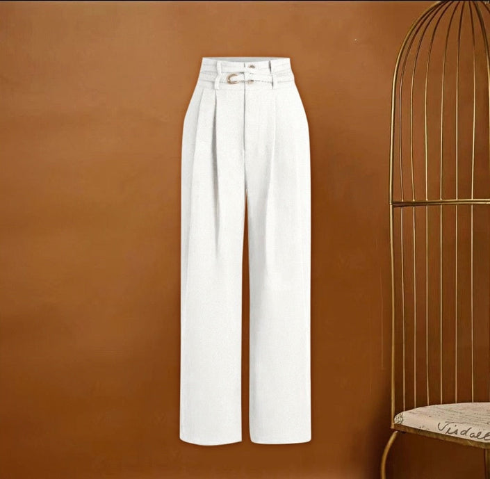 High-waist belted wide-leg pants in white