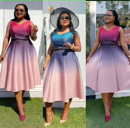 Pink-blue ombre V-neck sleeveless A-line dress