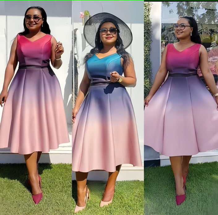 Pink-blue ombre V-neck sleeveless A-line dress